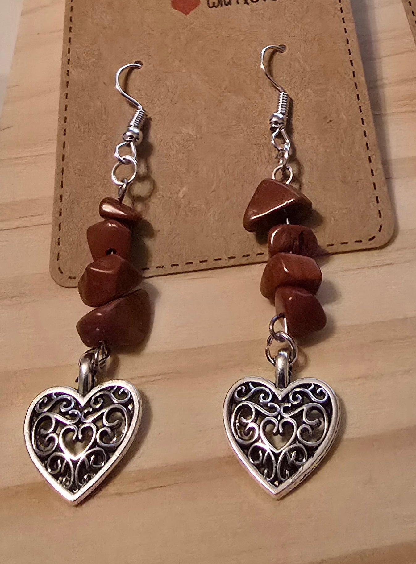 Brown Natural Rock Earrings with Hear Charm