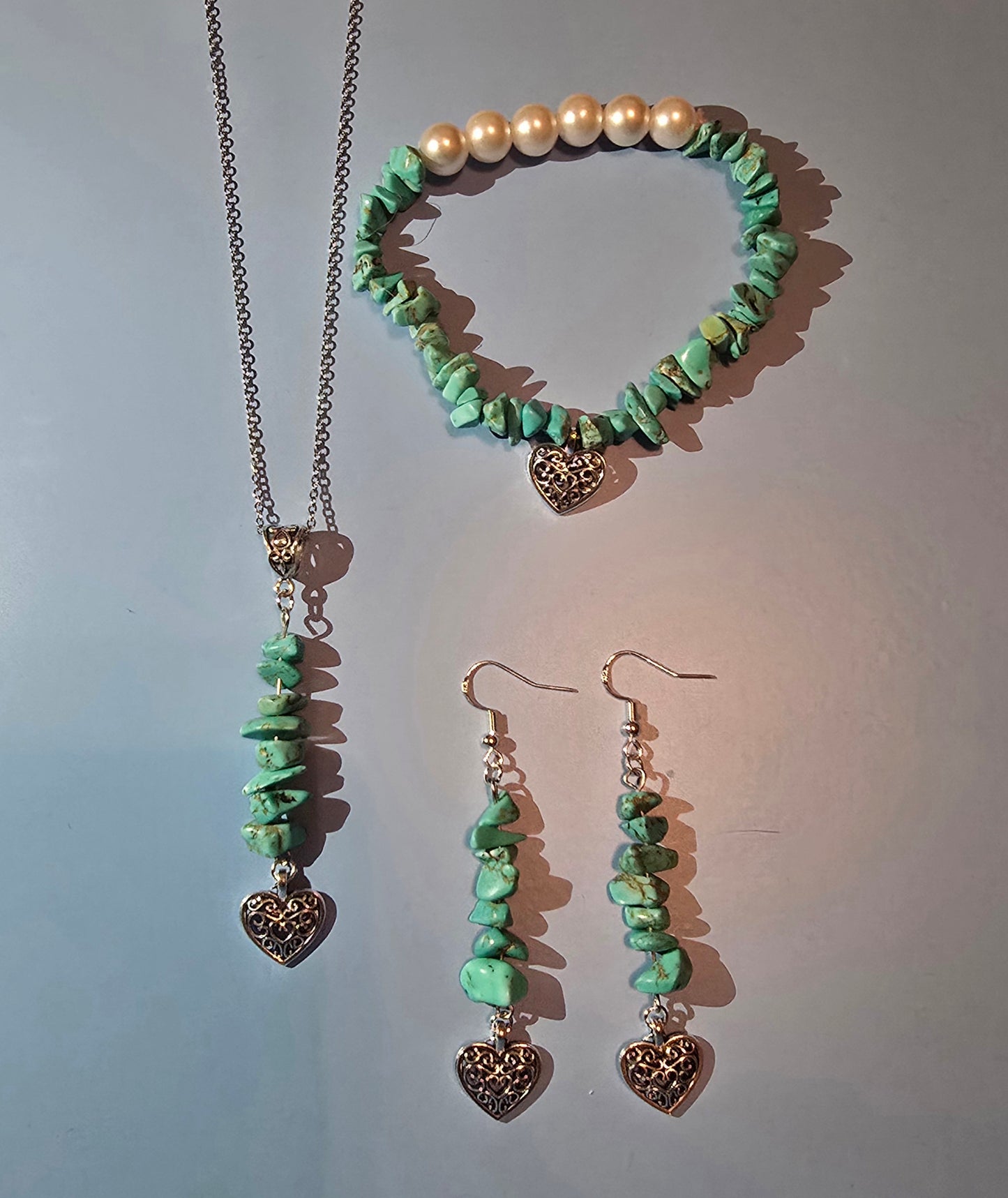 Turquoise Pearl and Silver Necklace, Earrings and Bracelet Set, With Heart Charm
