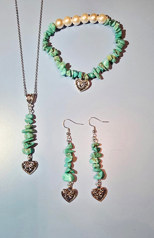 Turquoise Pearl and Silver Necklace, Earrings  and Bracelet Set, With Heart Charm
