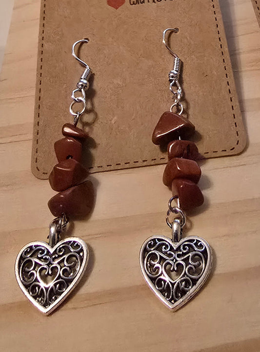 Brown Natural Rock Earrings with Hear Charm